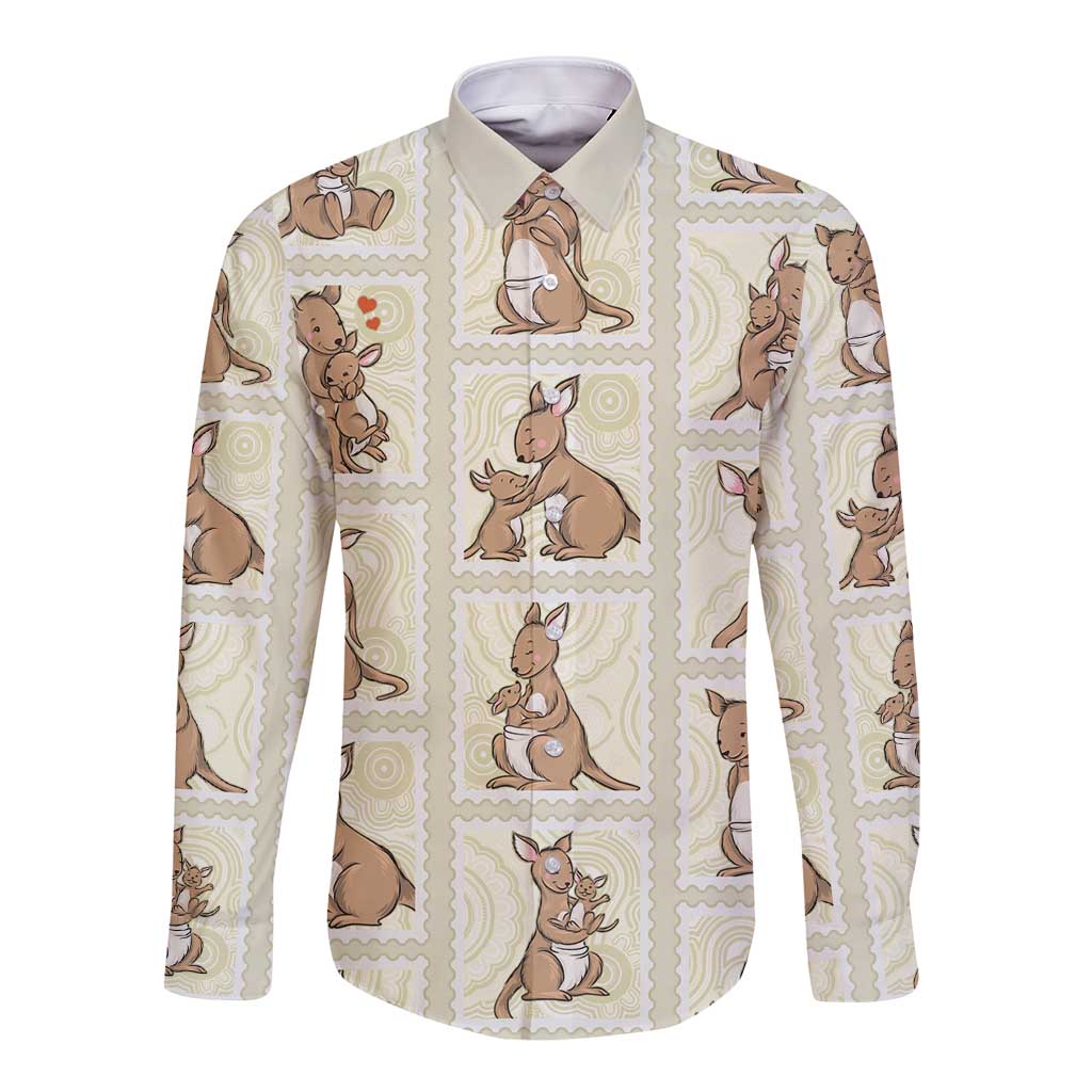 Kangaroo Australia Mother's Day Long Sleeve Button Shirt Mum and Joey Memory Aboriginal Stamp Seamless Style
