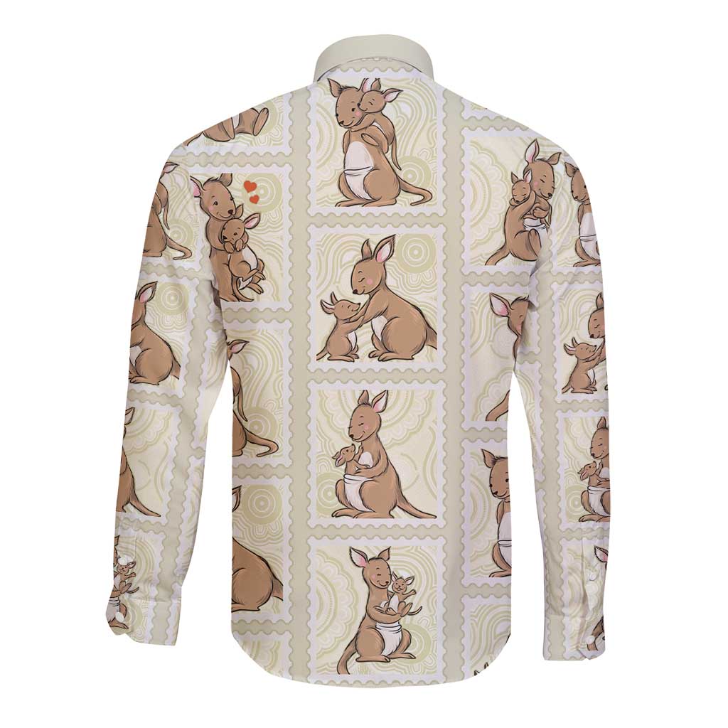 Kangaroo Australia Mother's Day Long Sleeve Button Shirt Mum and Joey Memory Aboriginal Stamp Seamless Style