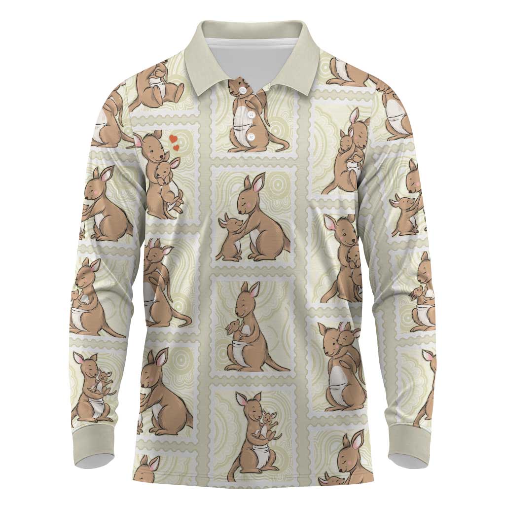 Kangaroo Australia Mother's Day Long Sleeve Polo Shirt Mum and Joey Memory Aboriginal Stamp Seamless Style