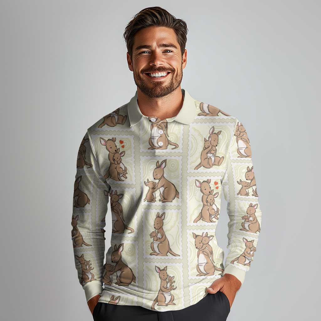 Kangaroo Australia Mother's Day Long Sleeve Polo Shirt Mum and Joey Memory Aboriginal Stamp Seamless Style