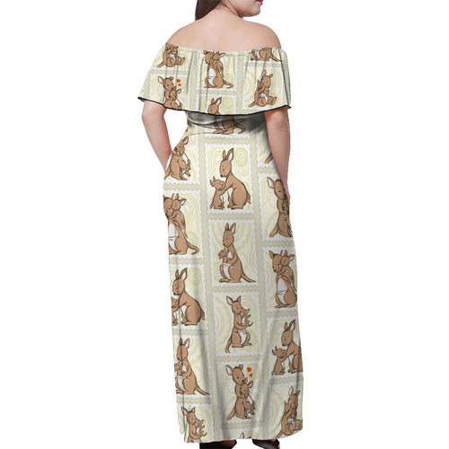 Kangaroo Australia Mother's Day Off Shoulder Maxi Dress Mum and Joey Memory Aboriginal Stamp Seamless Style