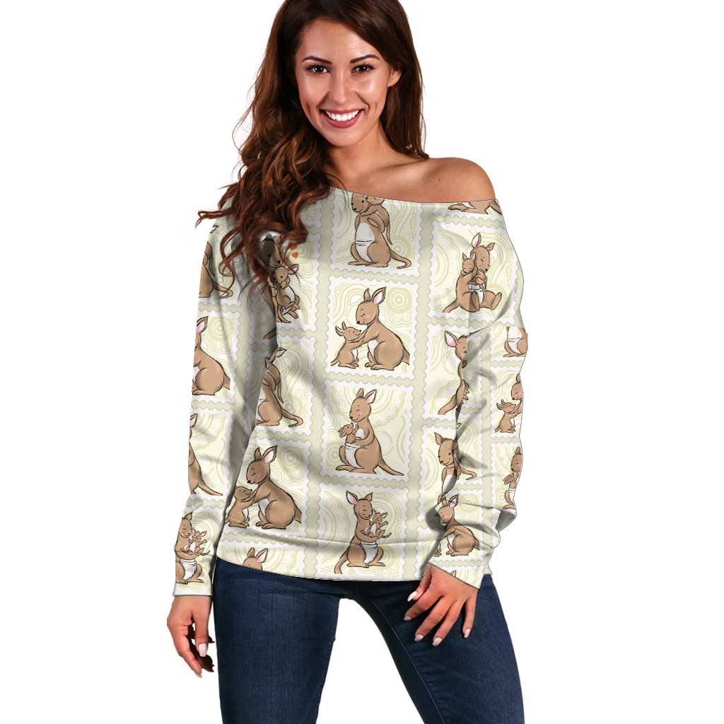 Kangaroo Australia Mother's Day Off Shoulder Sweater Mum and Joey Memory Aboriginal Stamp Seamless Style