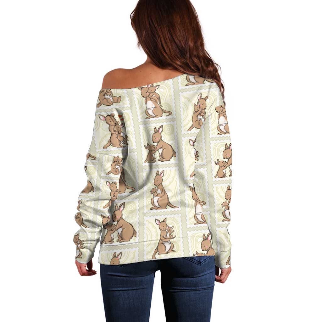 Kangaroo Australia Mother's Day Off Shoulder Sweater Mum and Joey Memory Aboriginal Stamp Seamless Style