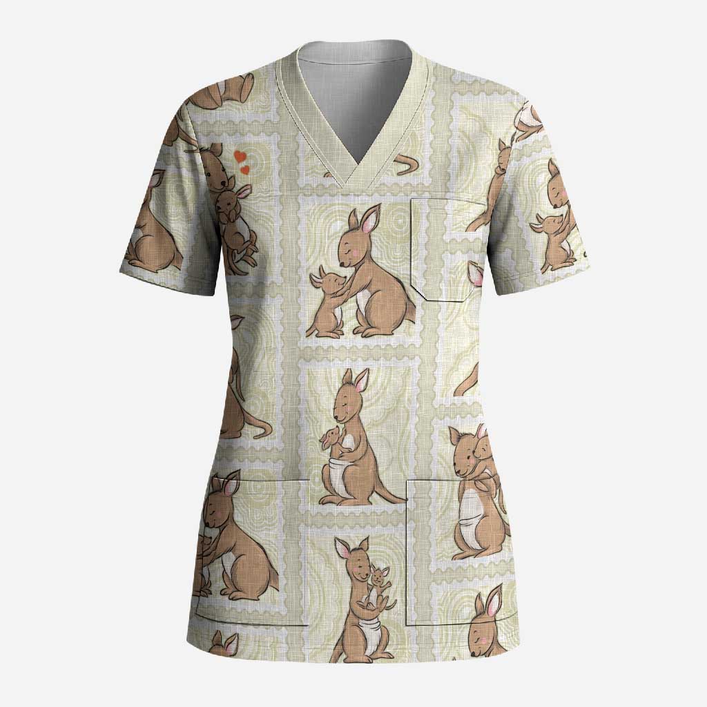 Kangaroo Australia Mother's Day Scrub Top Mum and Joey Memory Aboriginal Stamp Seamless Style