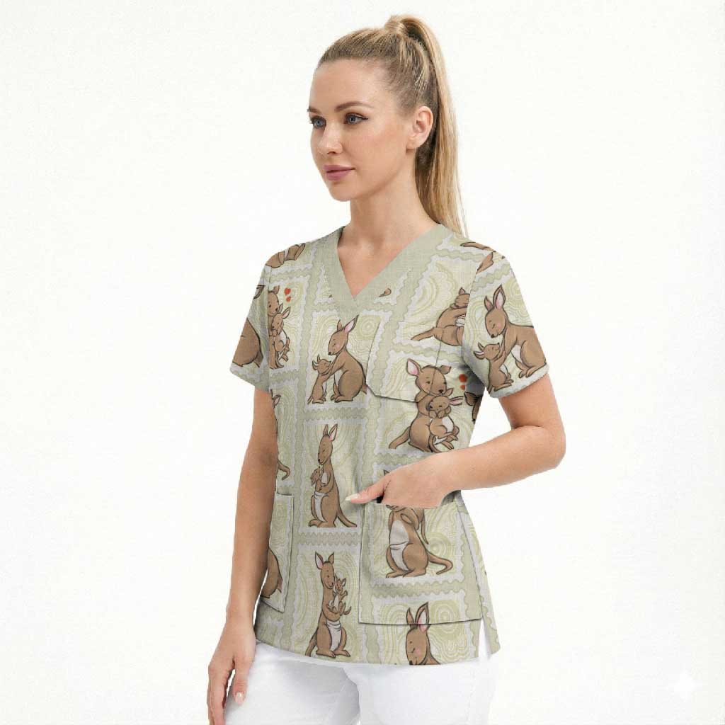 Kangaroo Australia Mother's Day Scrub Top Mum and Joey Memory Aboriginal Stamp Seamless Style