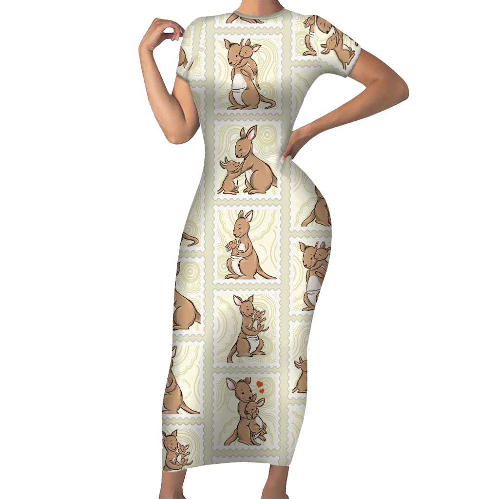 Kangaroo Australia Mother's Day Short Sleeve Bodycon Dress Mum and Joey Memory Aboriginal Stamp Seamless Style