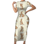 Kangaroo Australia Mother's Day Short Sleeve Bodycon Dress Mum and Joey Memory Aboriginal Stamp Seamless Style