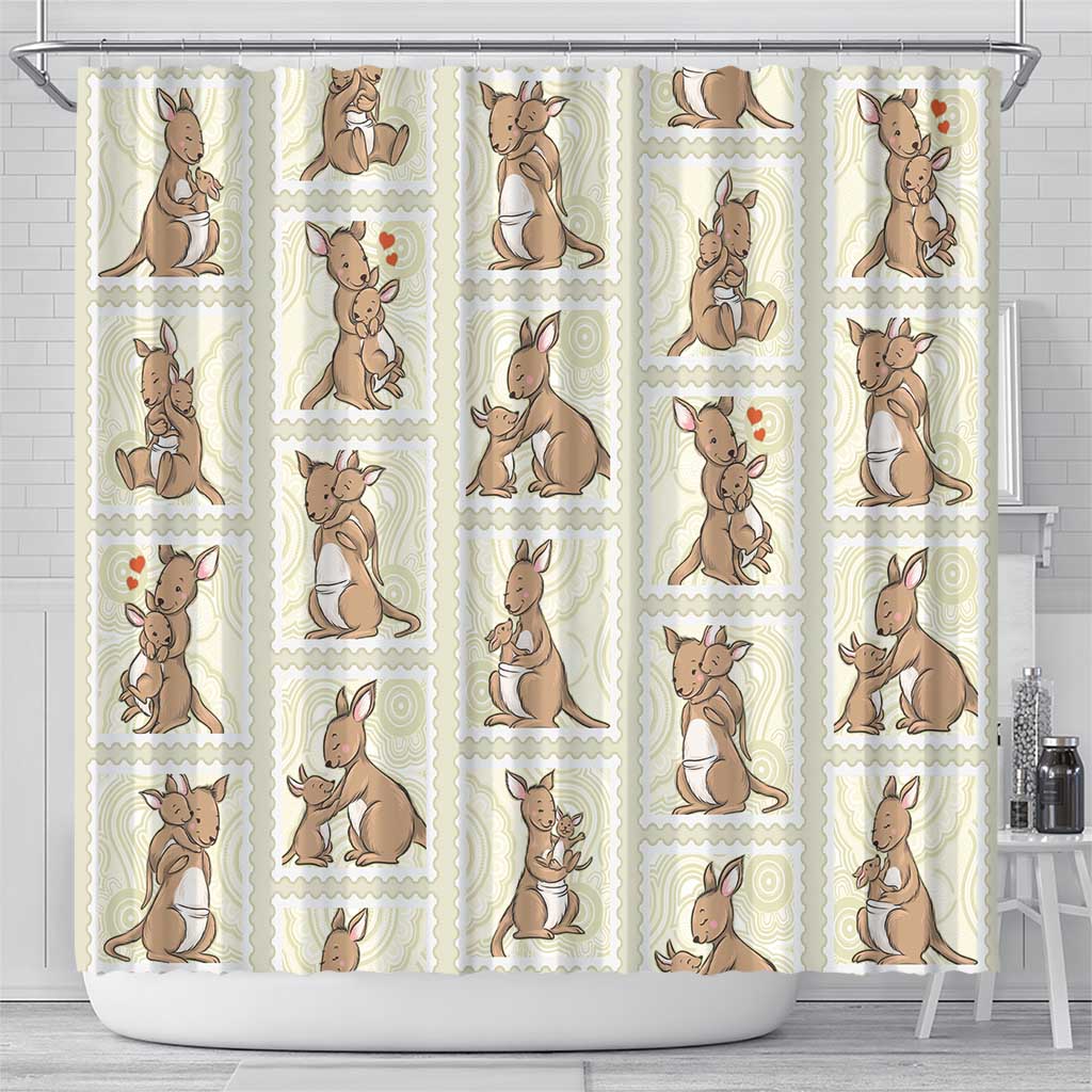 Kangaroo Australia Mother's Day Shower Curtain Mum and Joey Memory Aboriginal Stamp Seamless Style