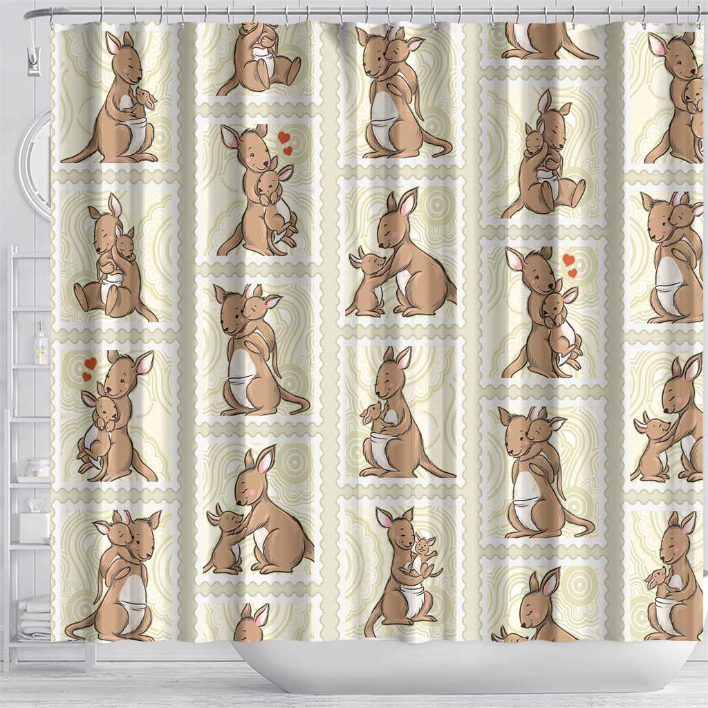 Kangaroo Australia Mother's Day Shower Curtain Mum and Joey Memory Aboriginal Stamp Seamless Style