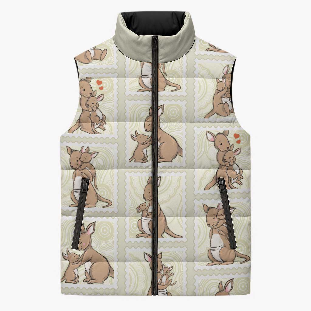 Kangaroo Australia Mother's Day Sleeveless Puffer Jacket Mum and Joey Memory Aboriginal Stamp Seamless Style