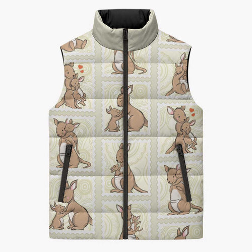 Kangaroo Australia Mother's Day Sleeveless Puffer Jacket Mum and Joey Memory Aboriginal Stamp Seamless Style