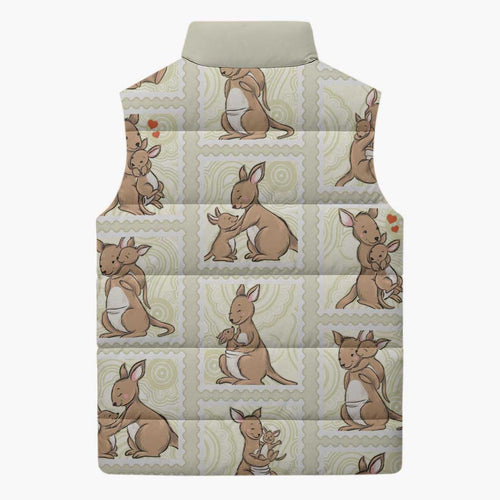 Kangaroo Australia Mother's Day Sleeveless Puffer Jacket Mum and Joey Memory Aboriginal Stamp Seamless Style