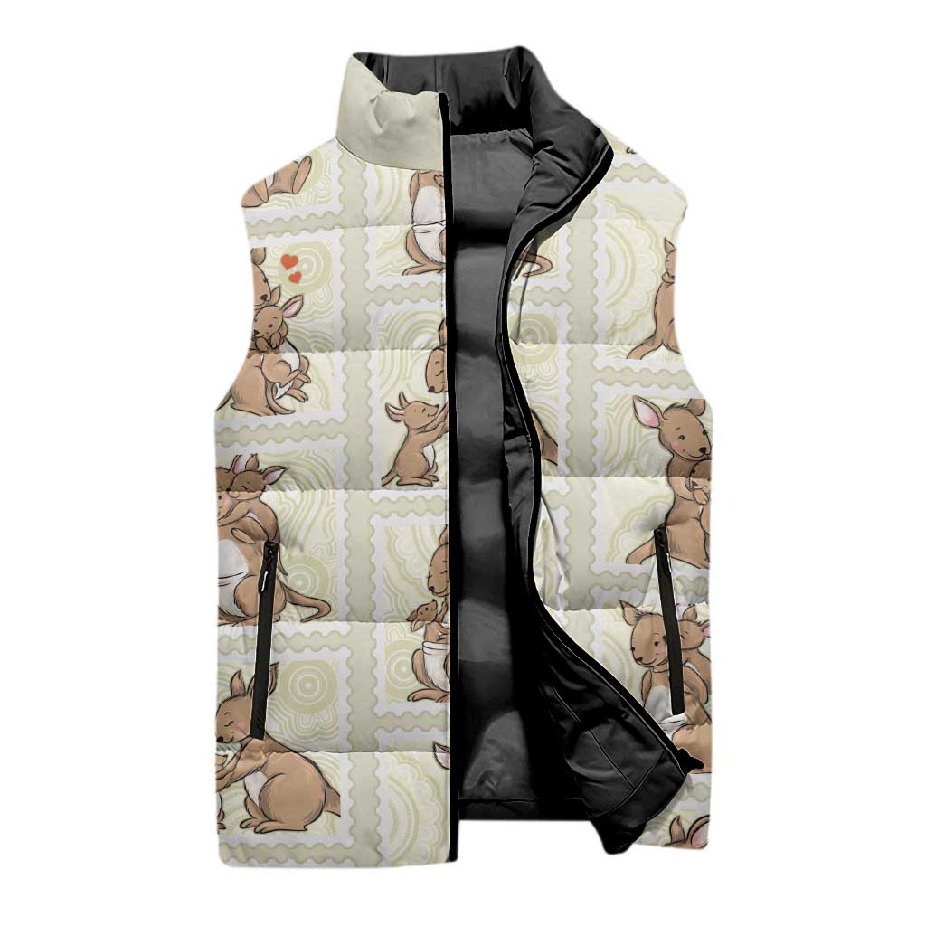 Kangaroo Australia Mother's Day Sleeveless Puffer Jacket Mum and Joey Memory Aboriginal Stamp Seamless Style