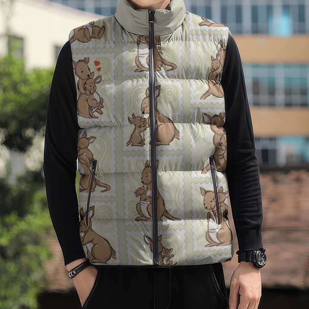 Kangaroo Australia Mother's Day Sleeveless Puffer Jacket Mum and Joey Memory Aboriginal Stamp Seamless Style