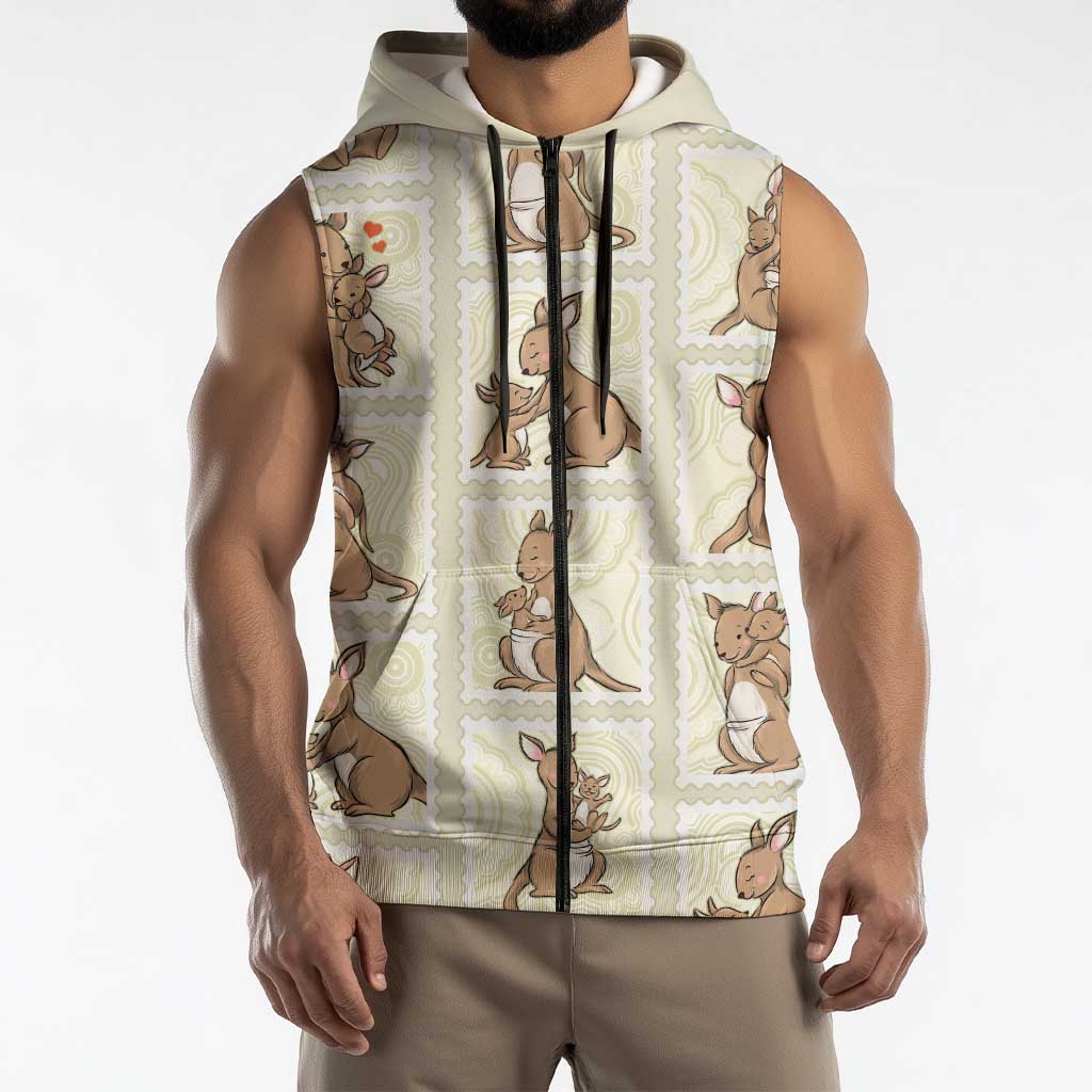 Kangaroo Australia Mother's Day Sleeveless Zip Hoodie Mum and Joey Memory Aboriginal Stamp Seamless Style