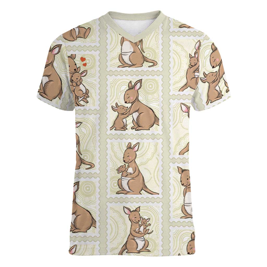 Kangaroo Australia Mother's Day Women V-Neck T-Shirt Mum and Joey Memory Aboriginal Stamp Seamless Style