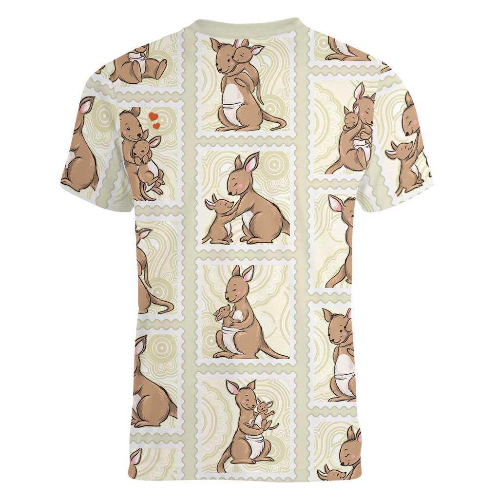 Kangaroo Australia Mother's Day Women V-Neck T-Shirt Mum and Joey Memory Aboriginal Stamp Seamless Style