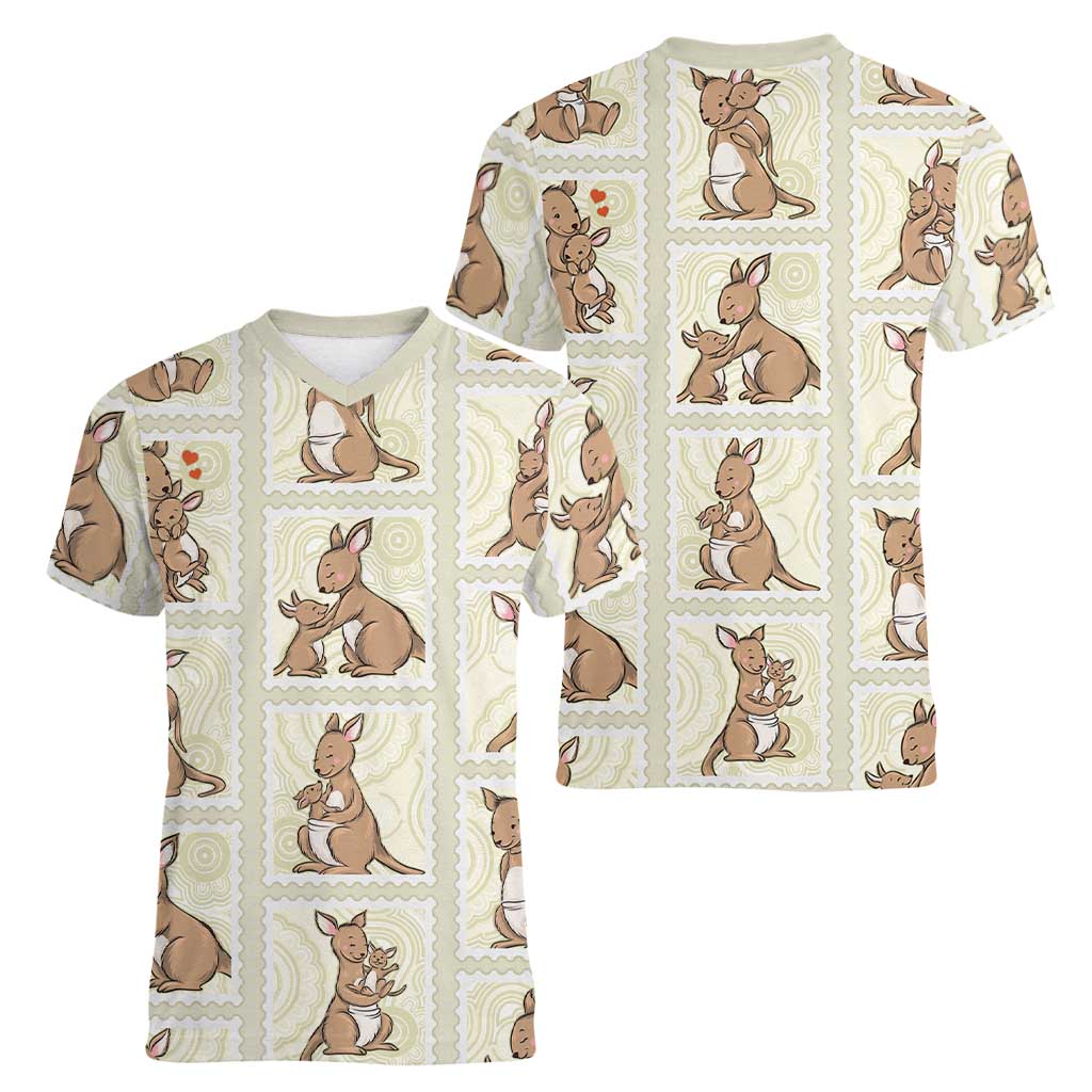 Kangaroo Australia Mother's Day Women V-Neck T-Shirt Mum and Joey Memory Aboriginal Stamp Seamless Style