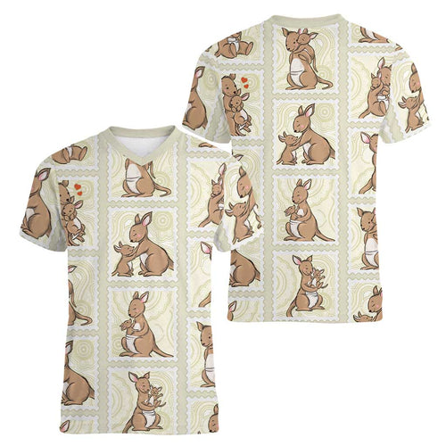 Kangaroo Australia Mother's Day Women V-Neck T-Shirt Mum and Joey Memory Aboriginal Stamp Seamless Style