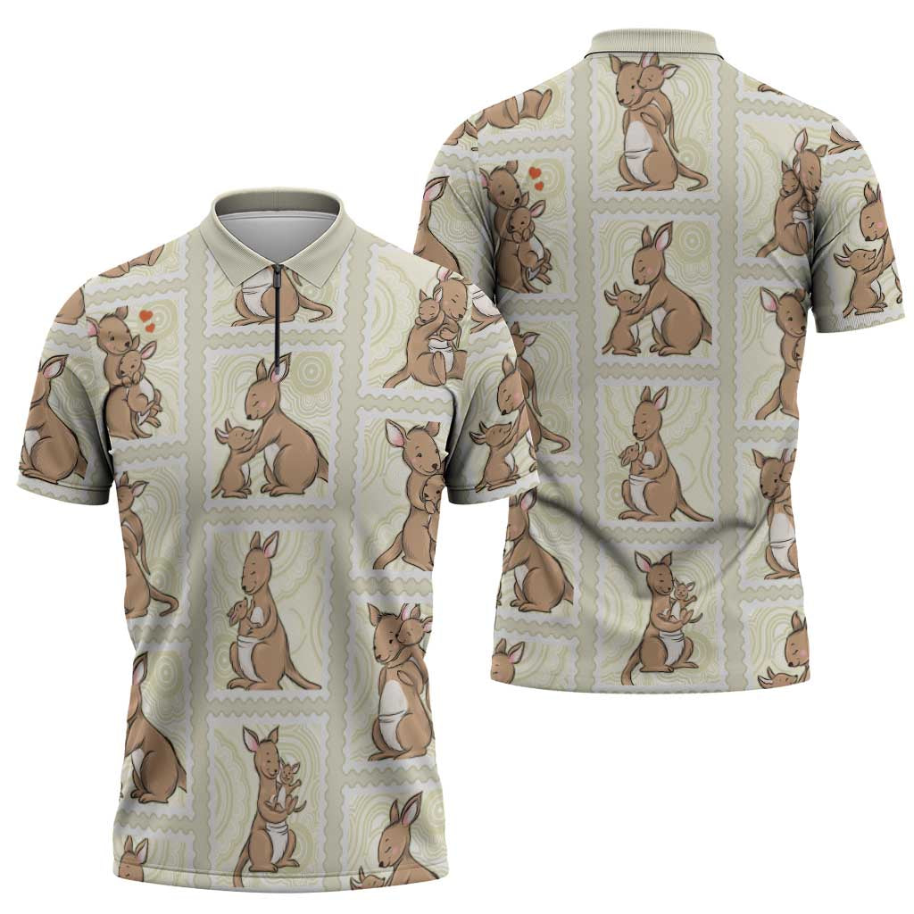 Kangaroo Australia Mother's Day Zipper Polo Shirt Mum and Joey Memory Aboriginal Stamp Seamless Style