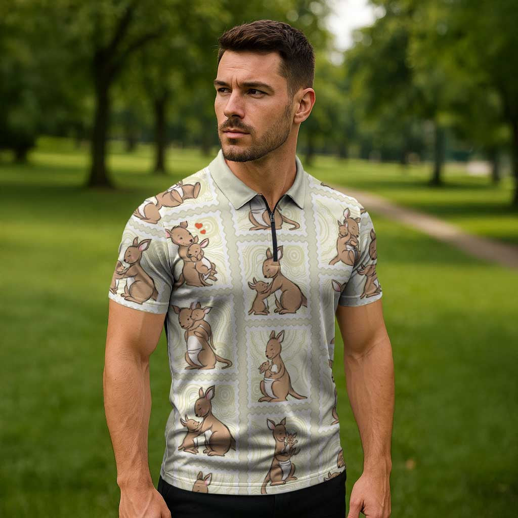Kangaroo Australia Mother's Day Zipper Polo Shirt Mum and Joey Memory Aboriginal Stamp Seamless Style