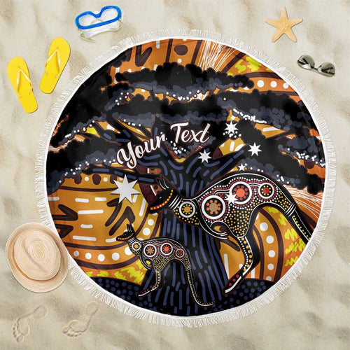 Australia Mother's Day Personalised Beach Blanket Kangaroo With Aboriginal Tree Art