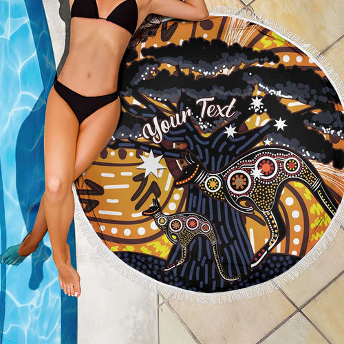 Australia Mother's Day Personalised Beach Blanket Kangaroo With Aboriginal Tree Art