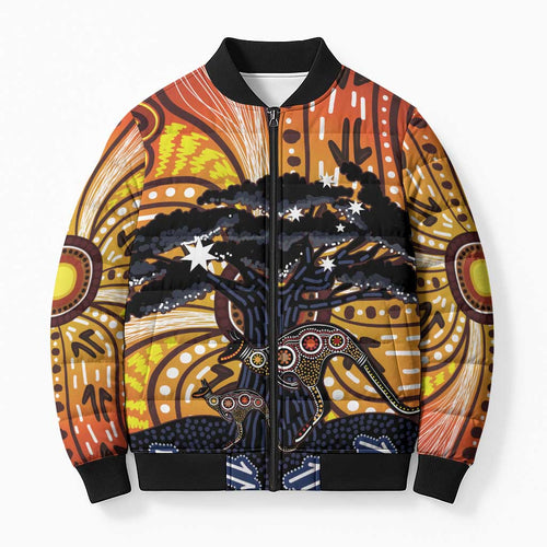Australia Mother's Day Personalised Bomber Puffer Jacket Kangaroo With Aboriginal Tree Art
