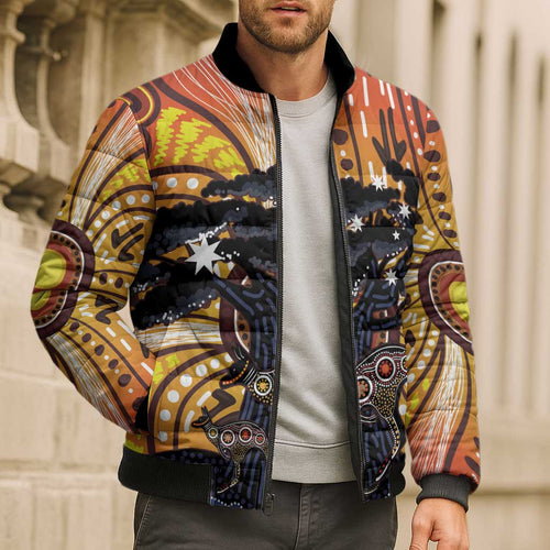 Australia Mother's Day Personalised Bomber Puffer Jacket Kangaroo With Aboriginal Tree Art