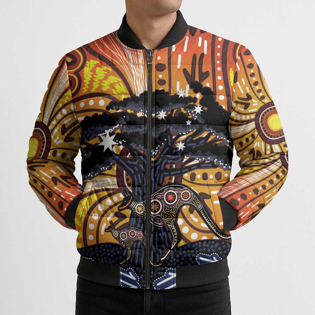 Australia Mother's Day Personalised Bomber Puffer Jacket Kangaroo With Aboriginal Tree Art