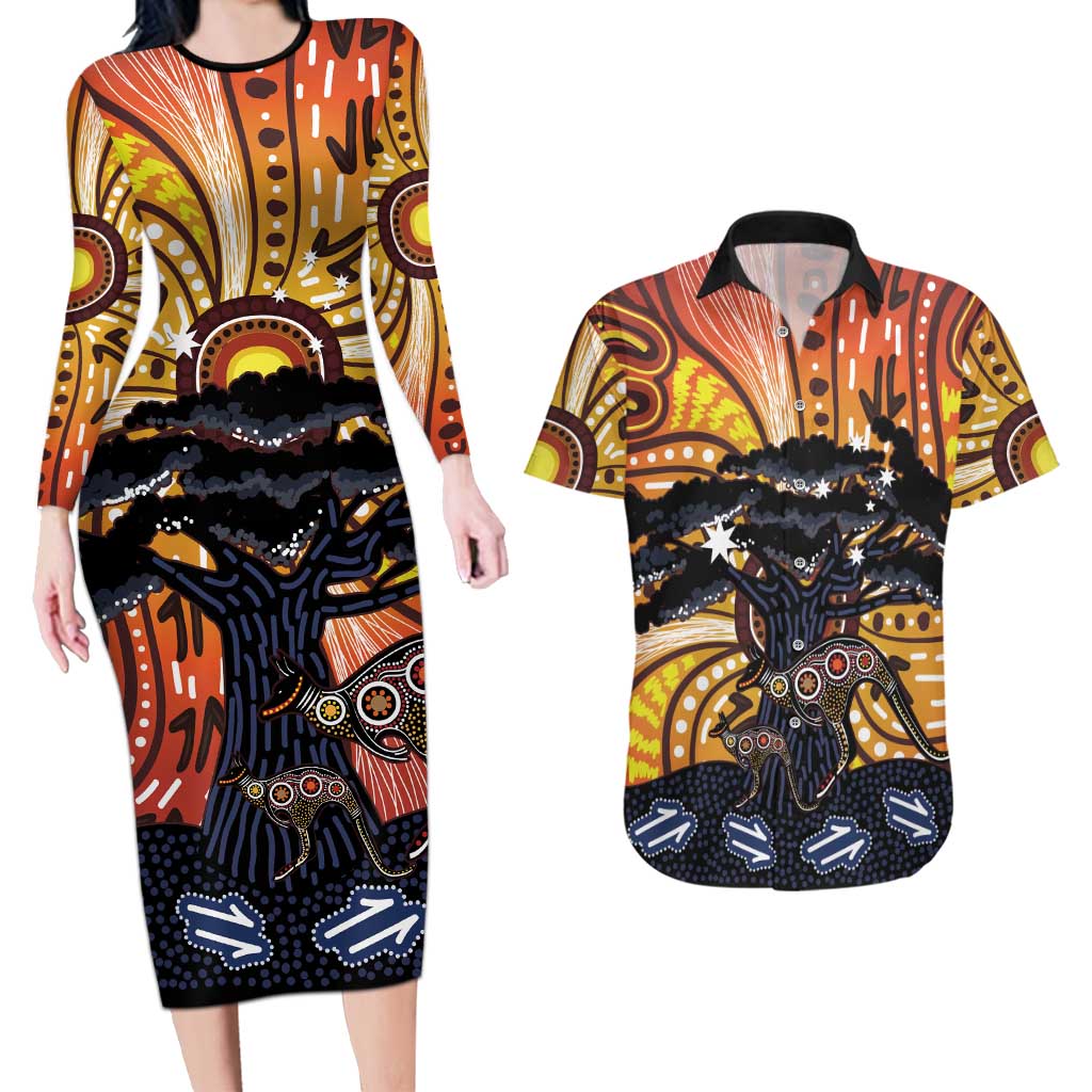 Australia Mother's Day Personalised Couples Matching Long Sleeve Bodycon Dress and Hawaiian Shirt Kangaroo With Aboriginal Tree Art