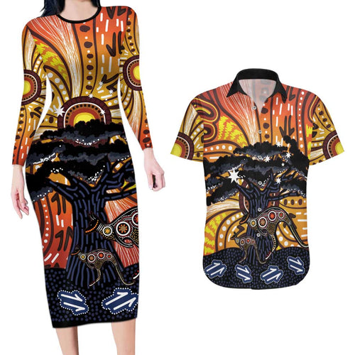 Australia Mother's Day Personalised Couples Matching Long Sleeve Bodycon Dress and Hawaiian Shirt Kangaroo With Aboriginal Tree Art