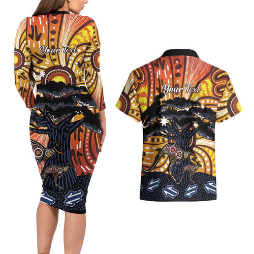 Australia Mother's Day Personalised Couples Matching Long Sleeve Bodycon Dress and Hawaiian Shirt Kangaroo With Aboriginal Tree Art