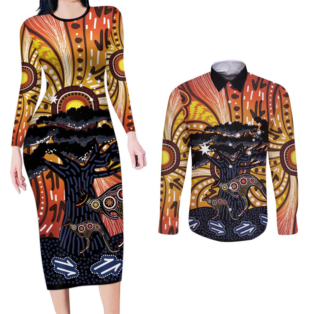 Australia Mother's Day Personalised Couples Matching Long Sleeve Bodycon Dress and Long Sleeve Button Shirt Kangaroo With Aboriginal Tree Art