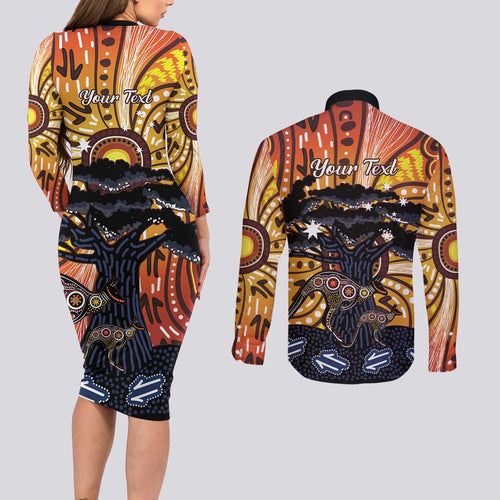 Australia Mother's Day Personalised Couples Matching Long Sleeve Bodycon Dress and Long Sleeve Button Shirt Kangaroo With Aboriginal Tree Art
