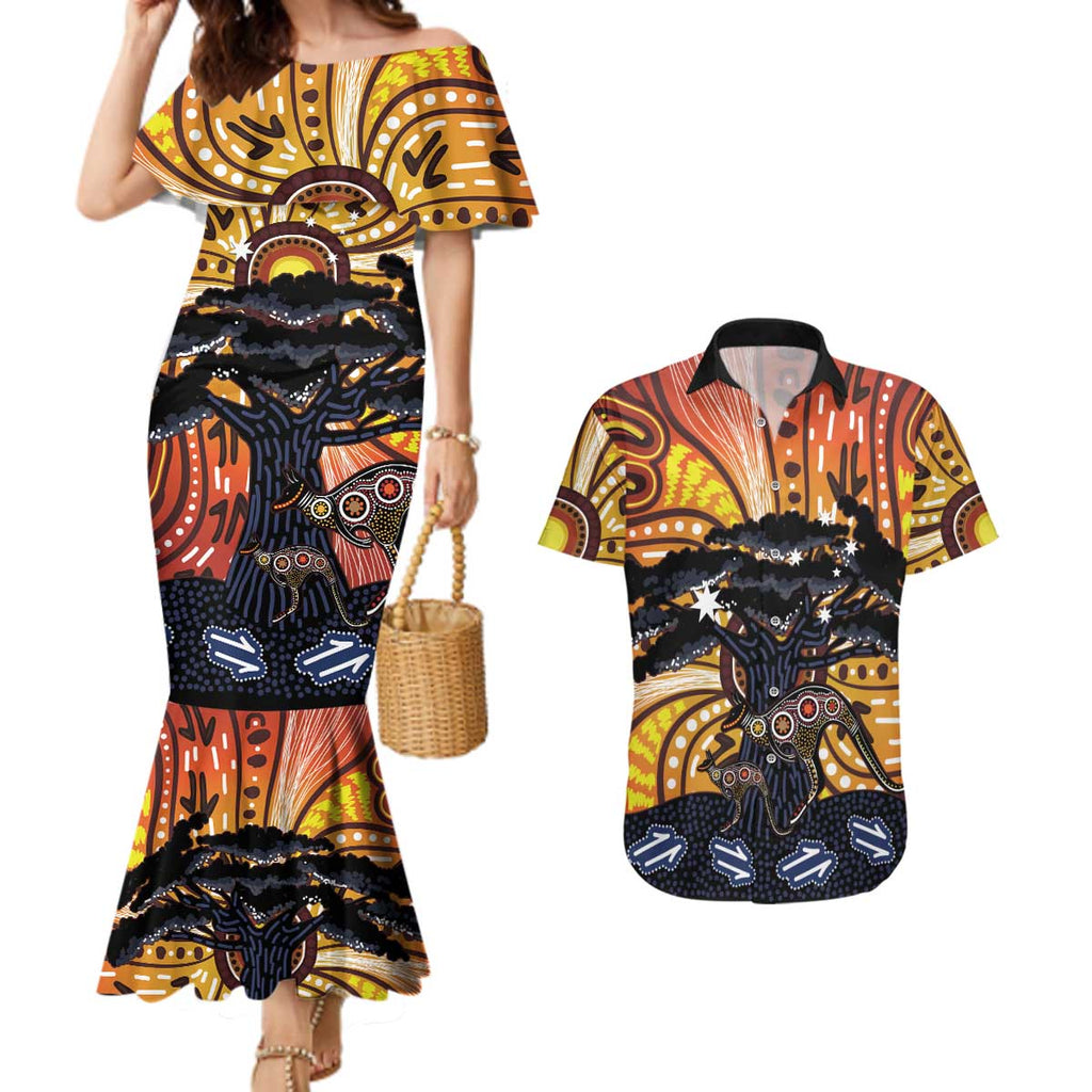 Australia Mother's Day Personalised Couples Matching Mermaid Dress and Hawaiian Shirt Kangaroo With Aboriginal Tree Art