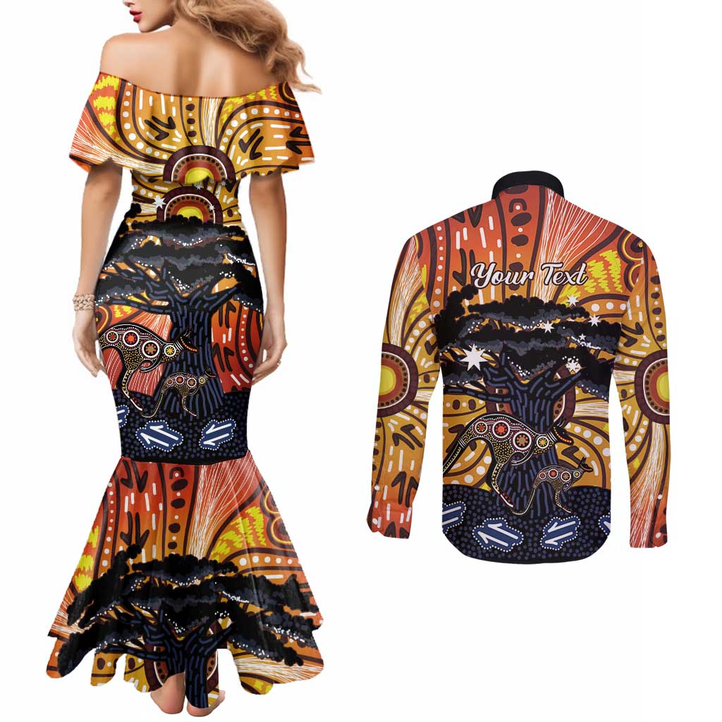 Australia Mother's Day Personalised Couples Matching Mermaid Dress and Long Sleeve Button Shirt Kangaroo With Aboriginal Tree Art
