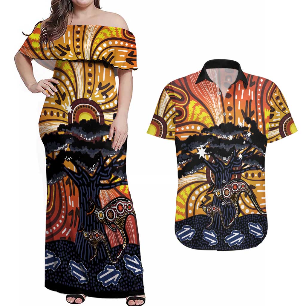 Australia Mother's Day Personalised Couples Matching Off Shoulder Maxi Dress and Hawaiian Shirt Kangaroo With Aboriginal Tree Art