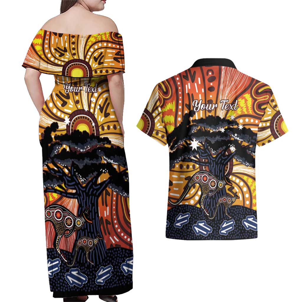 Australia Mother's Day Personalised Couples Matching Off Shoulder Maxi Dress and Hawaiian Shirt Kangaroo With Aboriginal Tree Art