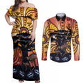 Australia Mother's Day Personalised Couples Matching Off Shoulder Maxi Dress and Long Sleeve Button Shirt Kangaroo With Aboriginal Tree Art