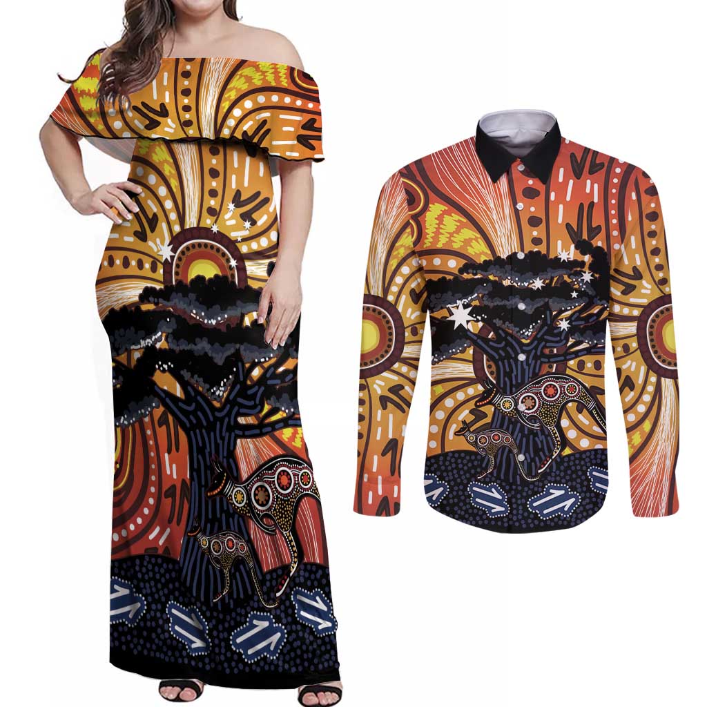 Australia Mother's Day Personalised Couples Matching Off Shoulder Maxi Dress and Long Sleeve Button Shirt Kangaroo With Aboriginal Tree Art