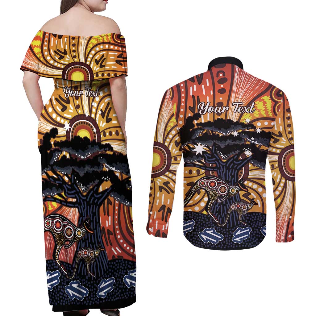 Australia Mother's Day Personalised Couples Matching Off Shoulder Maxi Dress and Long Sleeve Button Shirt Kangaroo With Aboriginal Tree Art