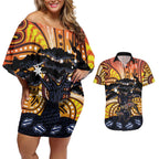 Australia Mother's Day Personalised Couples Matching Off Shoulder Short Dress and Hawaiian Shirt Kangaroo With Aboriginal Tree Art
