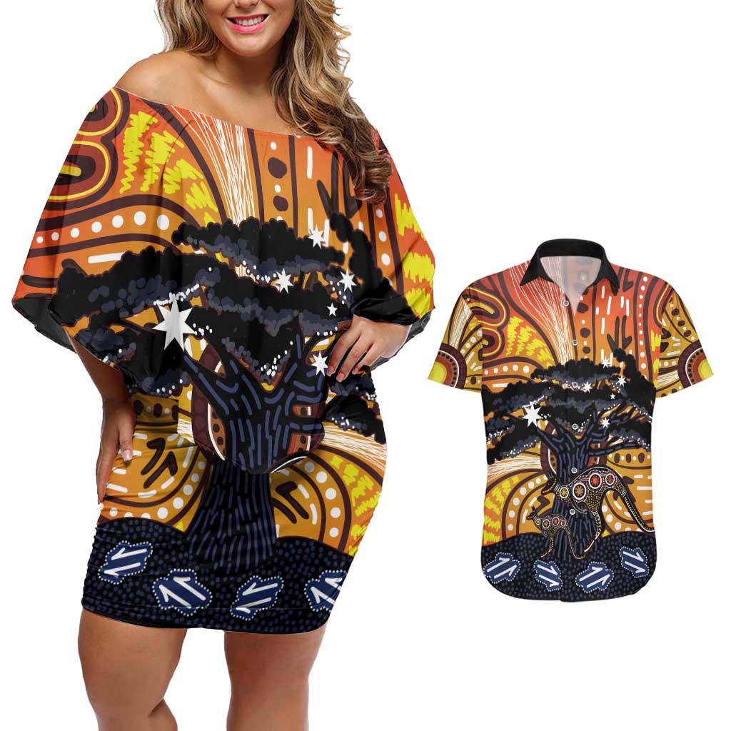 Australia Mother's Day Personalised Couples Matching Off Shoulder Short Dress and Hawaiian Shirt Kangaroo With Aboriginal Tree Art