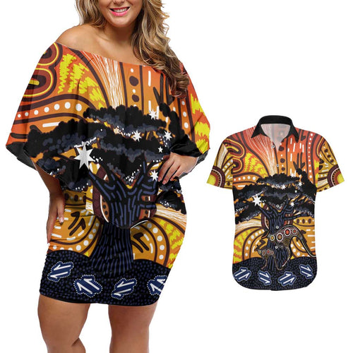 Australia Mother's Day Personalised Couples Matching Off Shoulder Short Dress and Hawaiian Shirt Kangaroo With Aboriginal Tree Art
