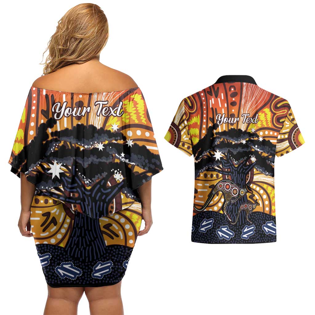 Australia Mother's Day Personalised Couples Matching Off Shoulder Short Dress and Hawaiian Shirt Kangaroo With Aboriginal Tree Art