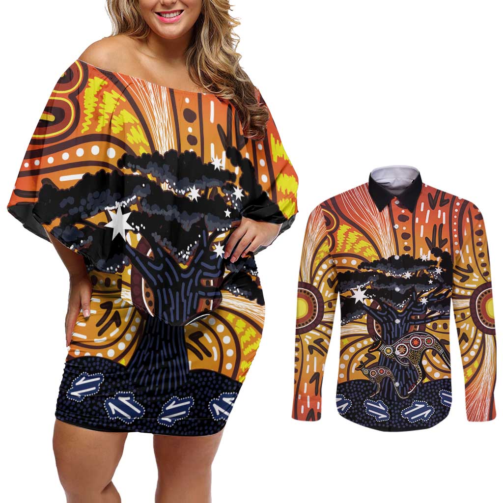 Australia Mother's Day Personalised Couples Matching Off Shoulder Short Dress and Long Sleeve Button Shirt Kangaroo With Aboriginal Tree Art