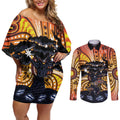 Australia Mother's Day Personalised Couples Matching Off Shoulder Short Dress and Long Sleeve Button Shirt Kangaroo With Aboriginal Tree Art