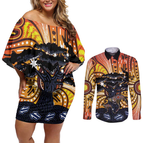 Australia Mother's Day Personalised Couples Matching Off Shoulder Short Dress and Long Sleeve Button Shirt Kangaroo With Aboriginal Tree Art