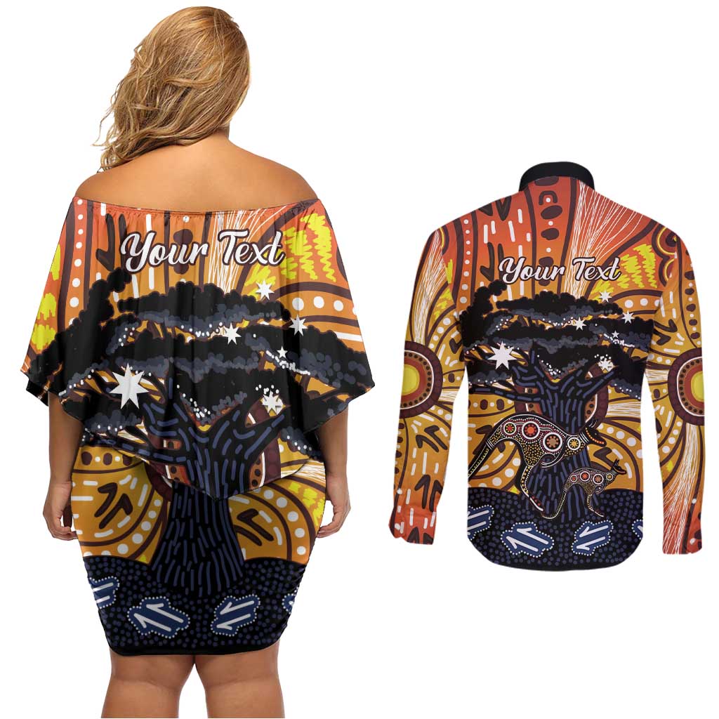 Australia Mother's Day Personalised Couples Matching Off Shoulder Short Dress and Long Sleeve Button Shirt Kangaroo With Aboriginal Tree Art